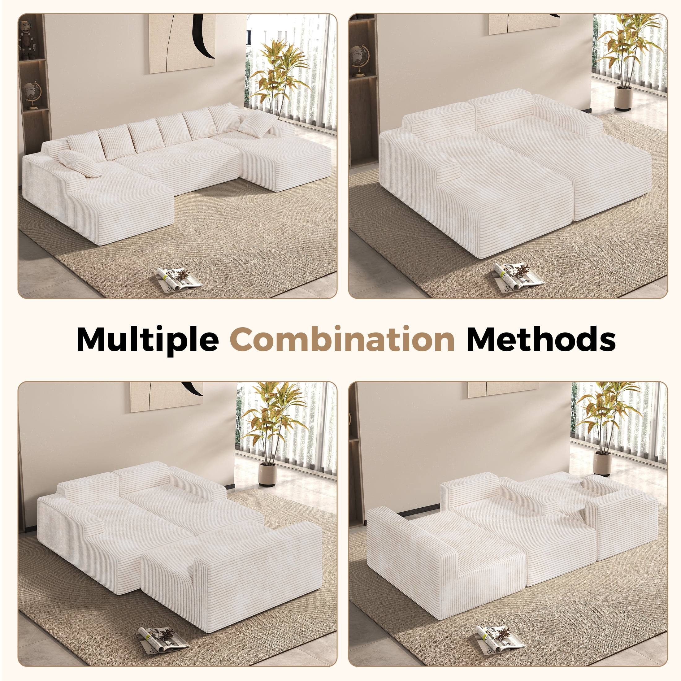 Daluvenix 131'' Modular Sectional Couch Modern U-Shaped Floor Sofa with Double Chaise Lounge Free Combination Luxury Couches for Living Room Beige