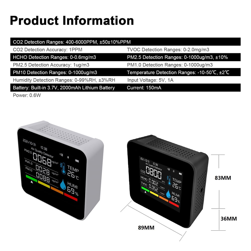 9 In 1 BT Air Quality Monitor CO2 Meter Carbon Dioxide Detector Time/Date CO2 TVOC HCHO PM2.5 PM1.0 PM10 Temperature Humidity Detection Support APP Control With Alarm Function For