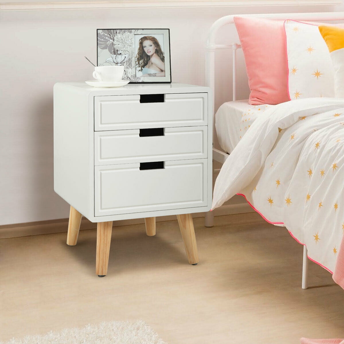 Lowestbest Nightstand with 3 Storage Drawer, White End Table Storage