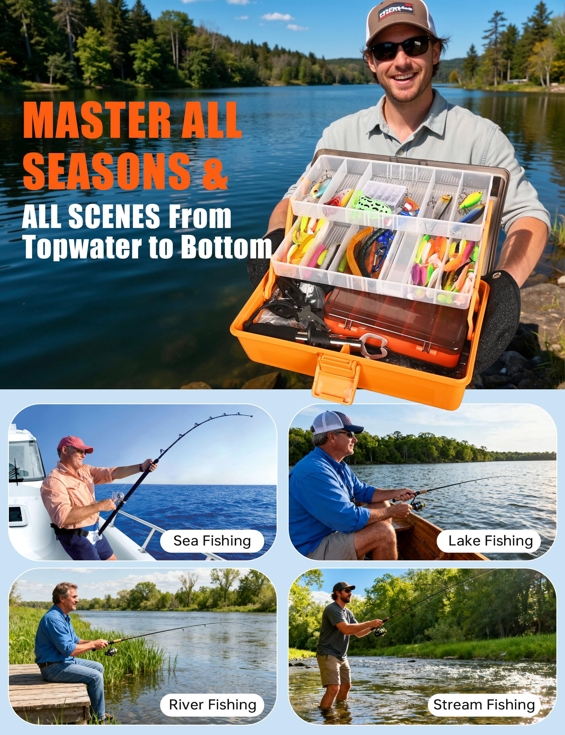 Large 3-layer Fishing Tackle Box With Included  All-in-one 417 Lures Kit Small 2-sided & Gloves For Anglers Complete Freshwater Bass Gear Gift Men