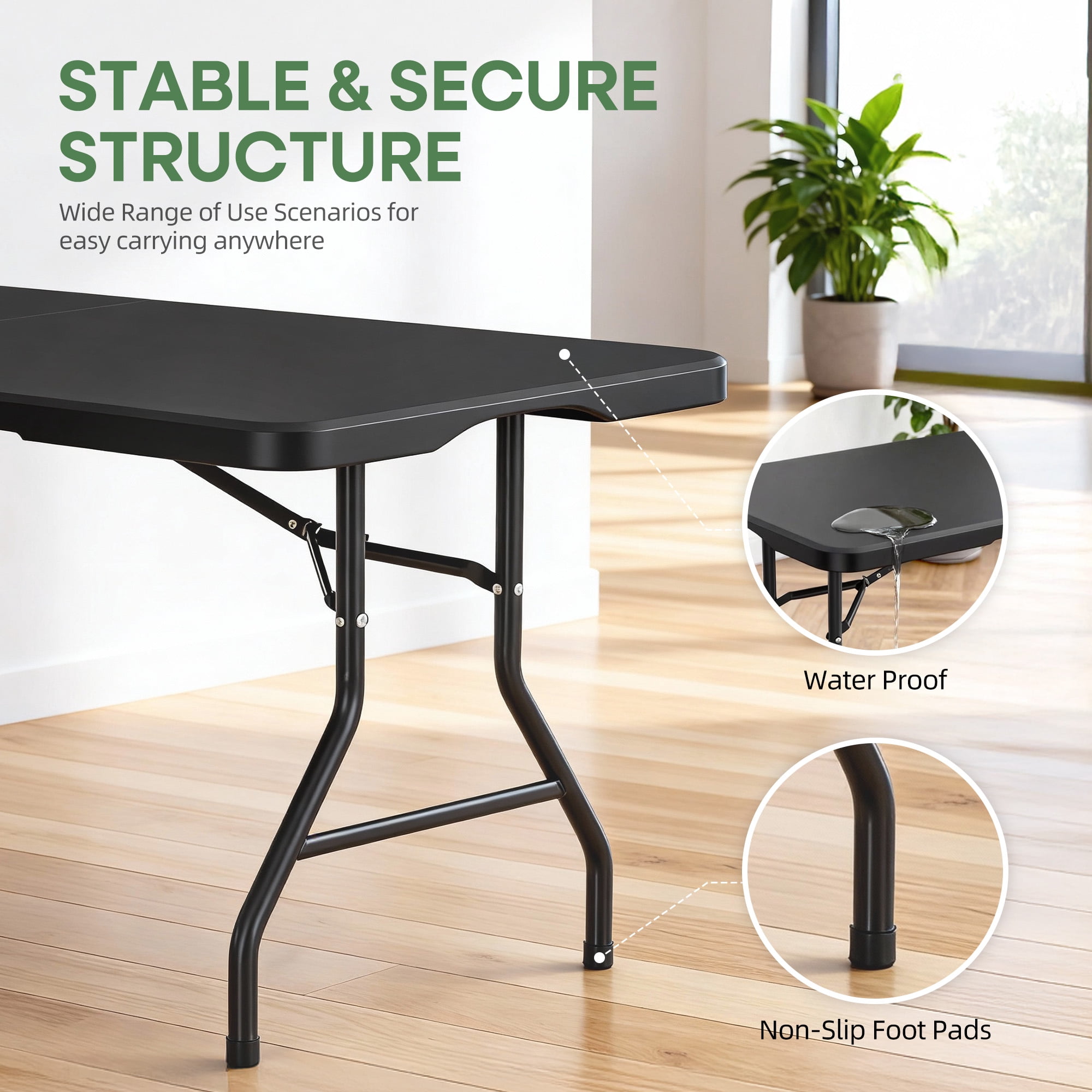 Furnibear Folding Table,6FT Portable Heavy Duty Plastic Fold-in-Half Table with Carrying Handle for Indoor Outdoor Events,Picnic,Party,Camping,BBQ,Black