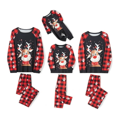 

Hirigin Christmas Family Matching Pajamas Long Sleeve Elk Print Tops with Plaid Snowman Print Pants Parent-child Sleepwear