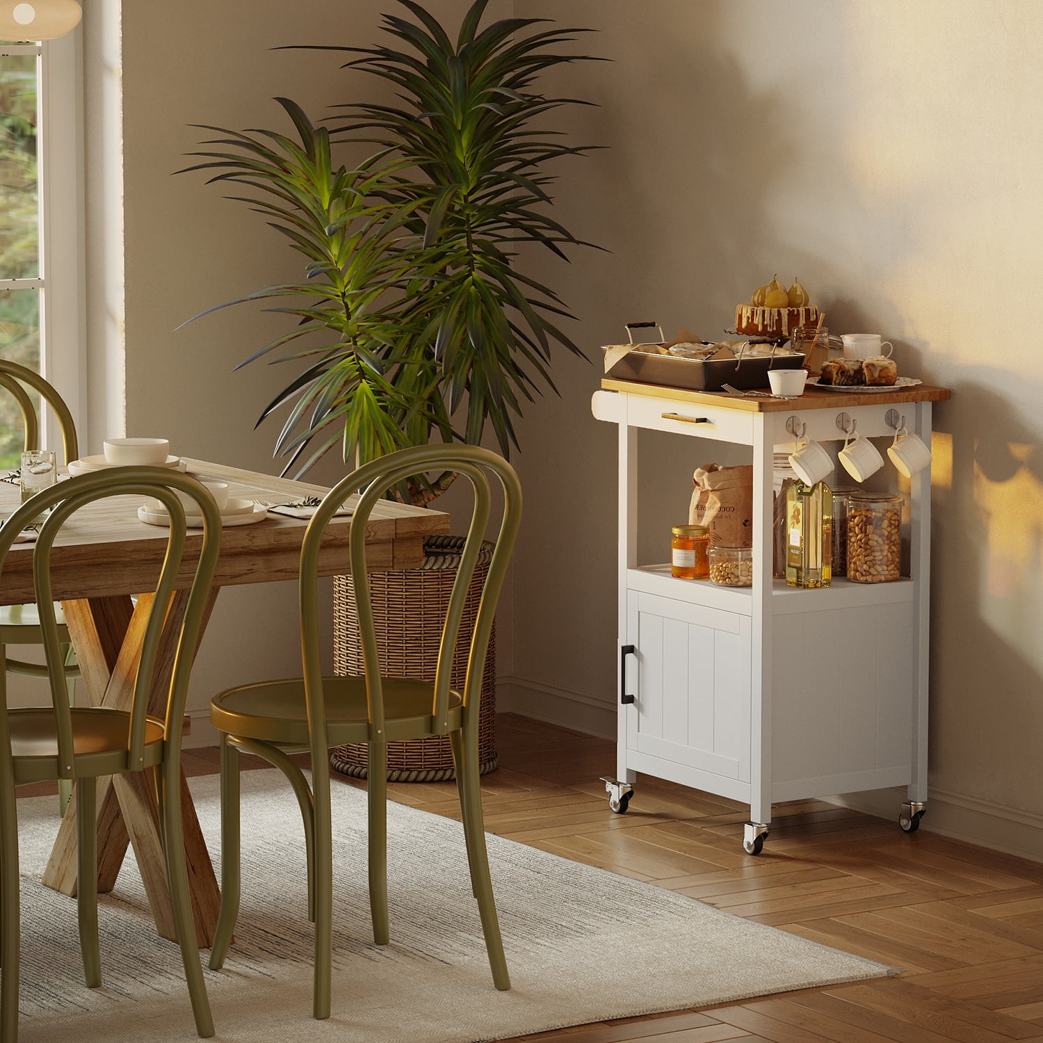 Noelse Rolling Kitchen Cart with Drawer and Open Shelf, Mobile Island Storage Cabinet, White