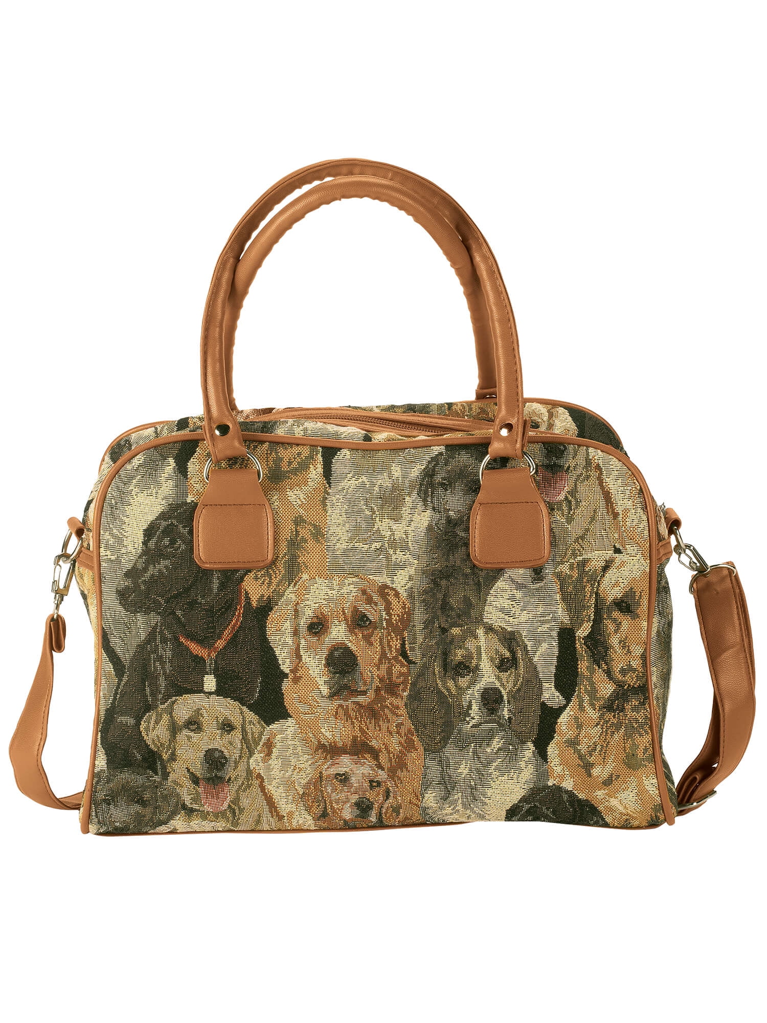 Animal Tapestry Barrel Handbag, Adjustable Straps, Zip Pocket and 2 Side Pockets, Silvetone Hardware - Measures 11" Wide x 8 3/4" High with 5 1/4" Gusset, Dog Design
