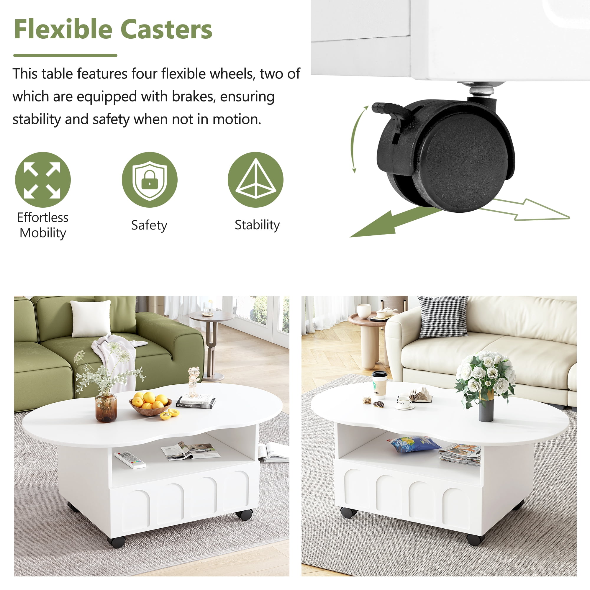 MAYEERTY Flexible Cream Style Coffee Table with 2 Brake Wheels, Cloud Top Side Table with Drawer, Irregular Center Table with Large Storage for Living Room, White, 39.37''x 23.6''