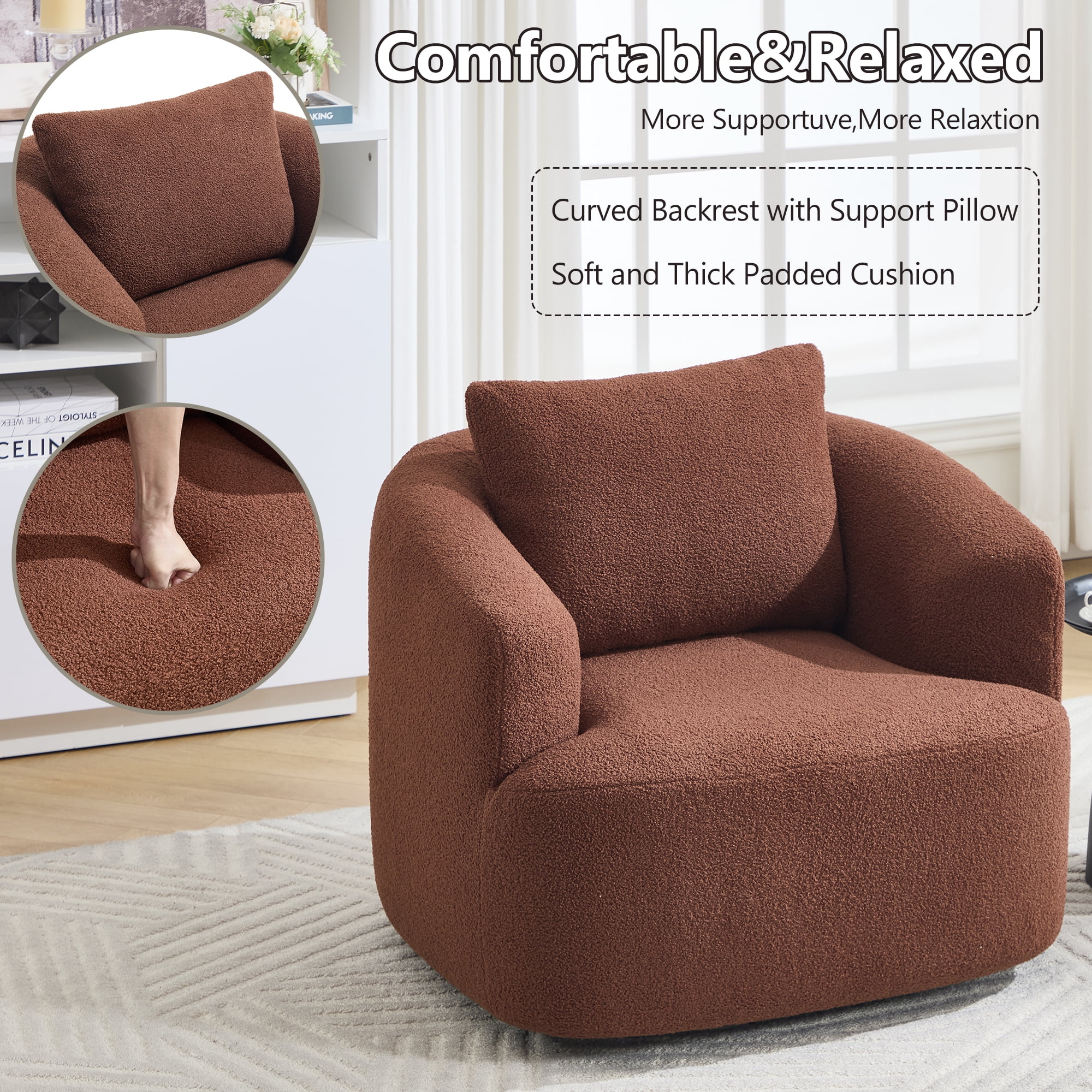 Swivel Accent Chair,360° Round Upholstered Armchair with One Soft Pillow,Teddy Fleece High-Resilience Sponge Single Sofa for Living Room, Bedroom, Apartment,No Assembly,Brown