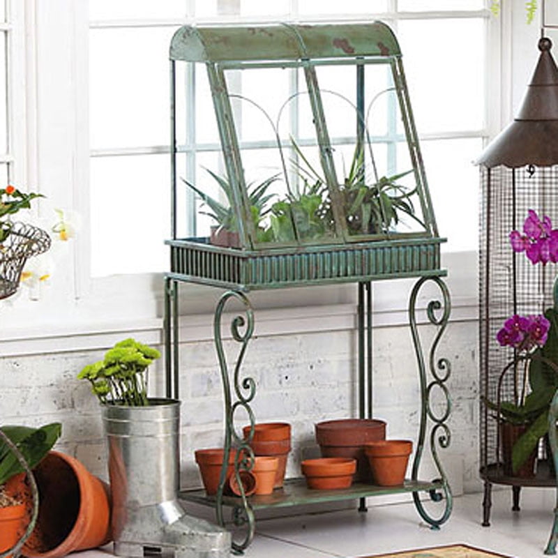 Antique Verdi Green Terrarium with Stand, Metal and Glass,22x14.75x46.5