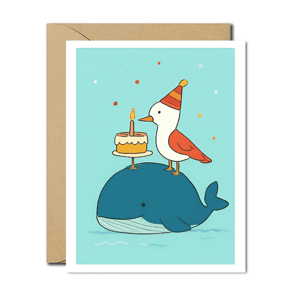 Birthday Card Featuring Cute Whale and Bird with Cake – Blank Inside, Perfect for Celebrations – Includes Envelope – Ideal Greeting for Friends and Family
