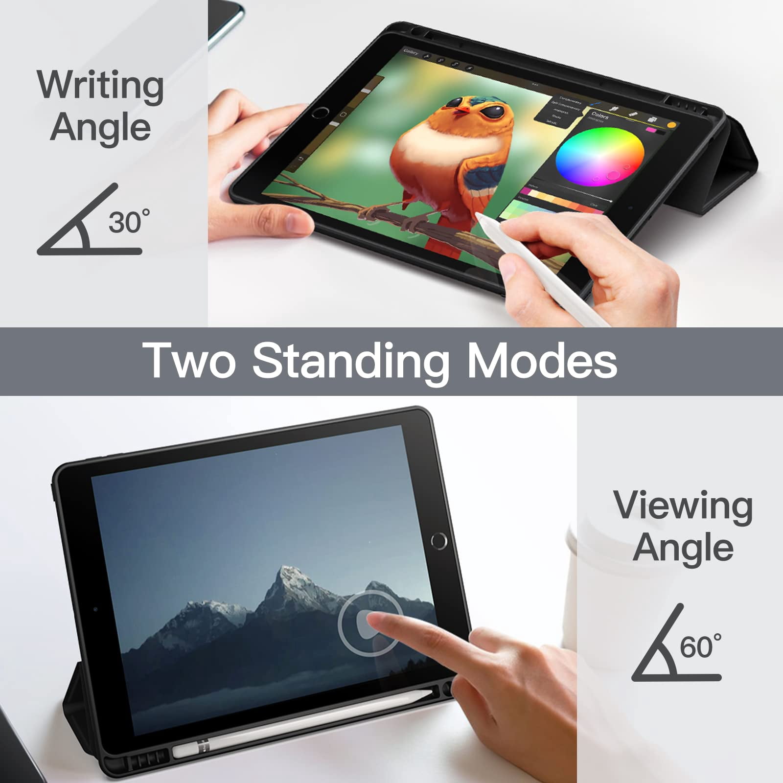 JETech Matte Case for iPad 9/8/7 (10.2-Inch, 2021/2020/2019 Model, 9th/8th/7th Generation) with Pencil Holder, Frosted Translucent Back Slim Stand Protective Tablet Cover (Black)