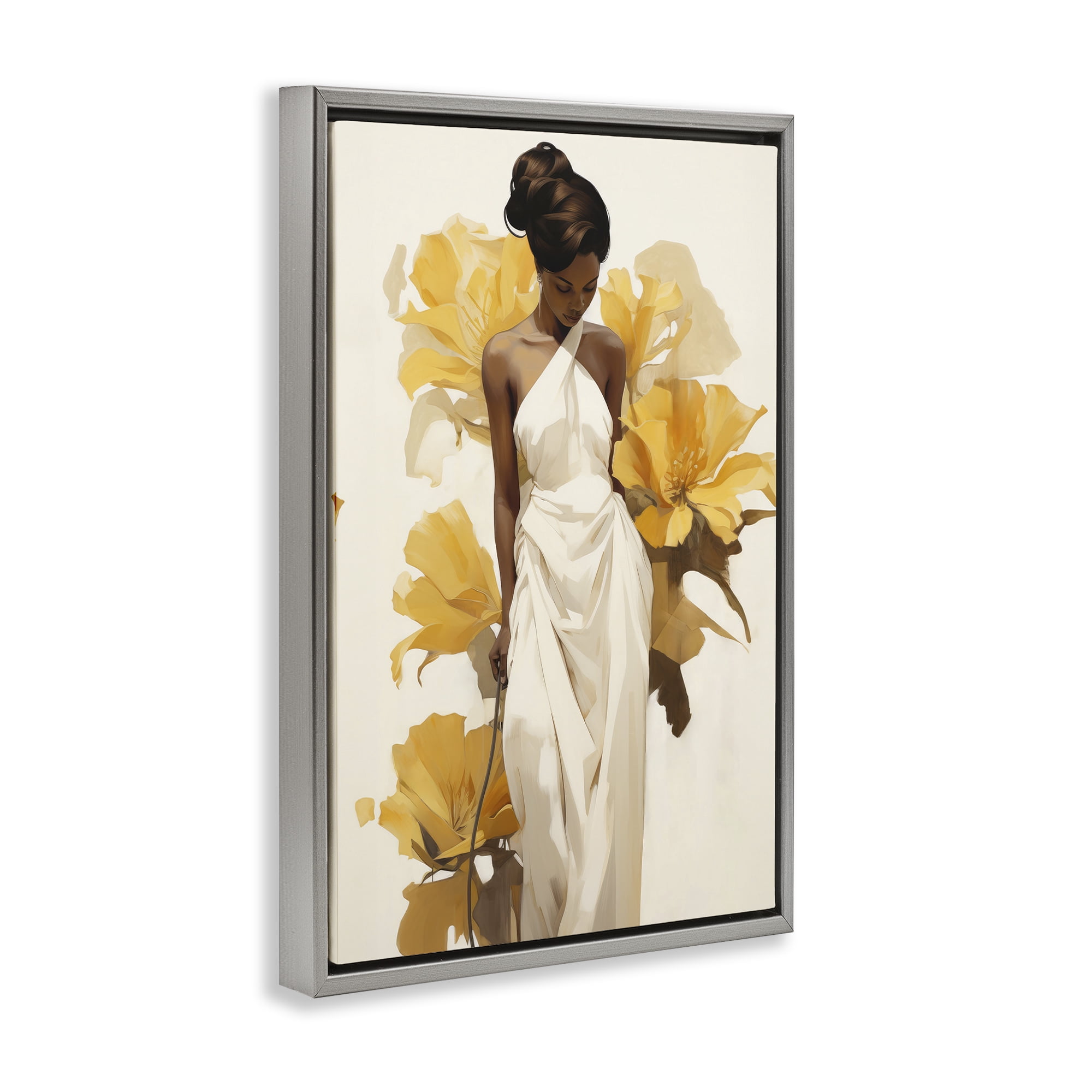 Stupell Industries Elegant Woman with Flowers People Painting Gray Floater Framed Canvas Art Print Wall Art, 17 x 25