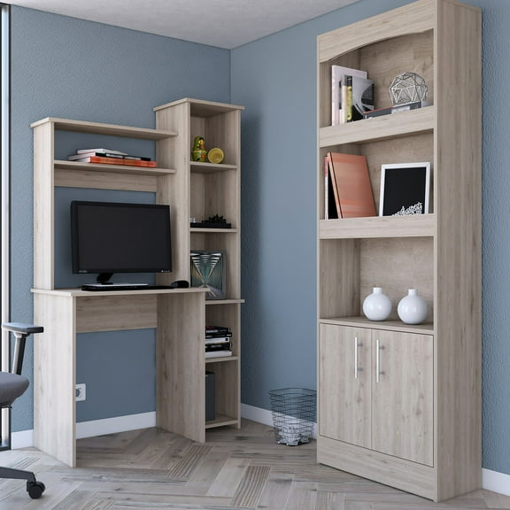 Gray Office Furniture - 2 Piece Bookcase & Desk. Effortless Assembly With Interlocking System Pre-drilled Holes. Quality Particle Board. 71.23 In. H, 25.6 W, 10.42 D. 58.82 Lb   Desk, Gray.