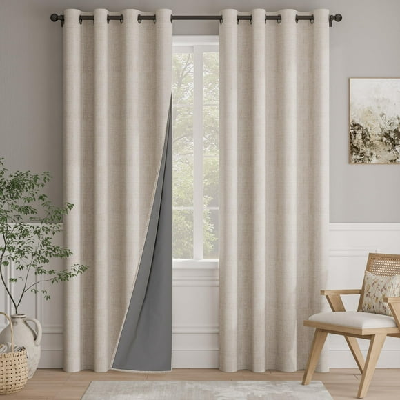 NICETOWN Oatmeal Vintage Open Linen Weave Flax Thermal Curtains, 100% Blackout Curtains 84 Inches Long for Dining Room, Window Tr