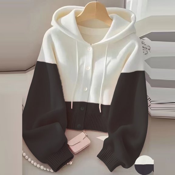 IUYRTFE Women's Two Tone Hooded Knit Cardigan Long Sleeve Drawstring Color Block Casual Fall Sweater Coat