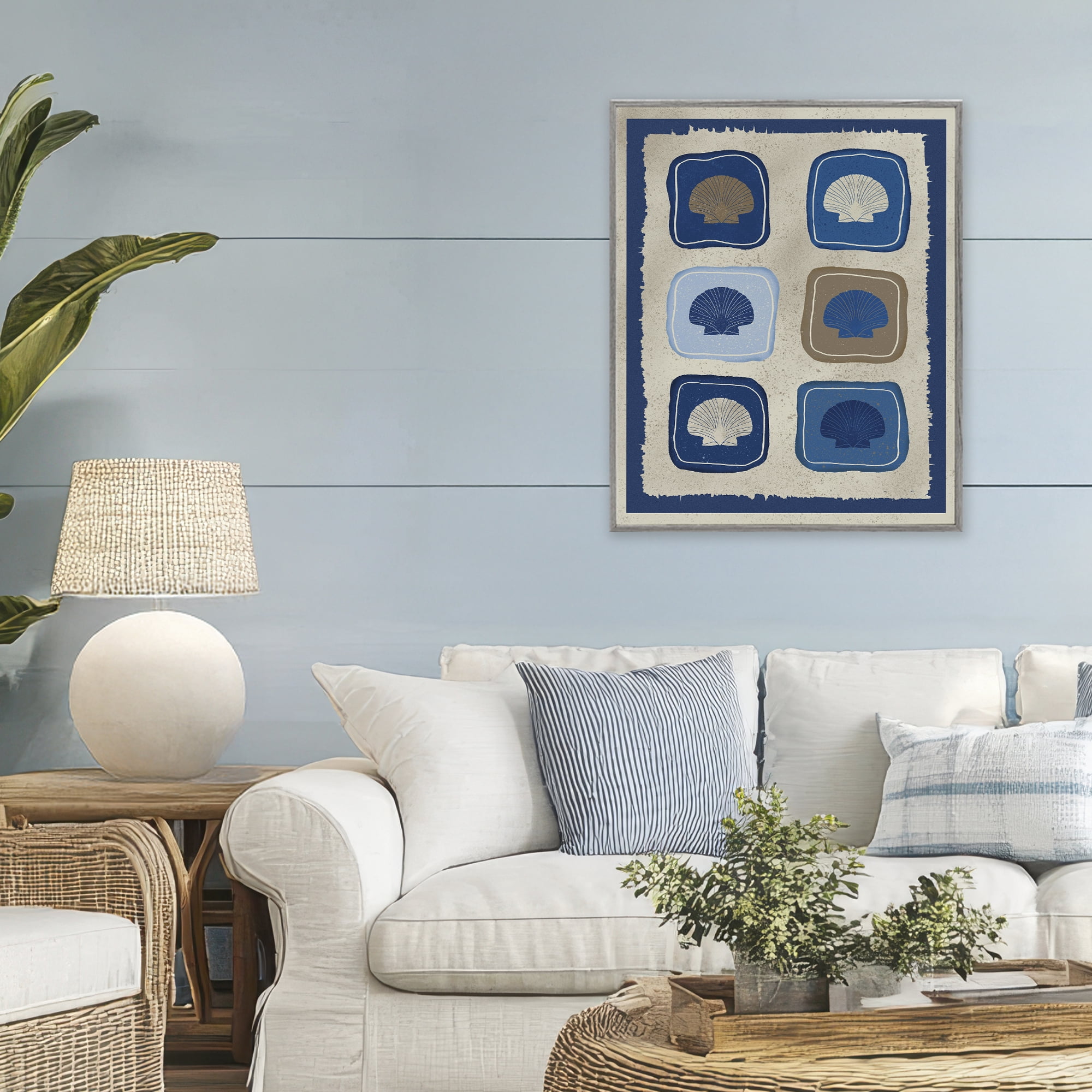 Stupell Industries Nautical Block Shells Gray Framed Giclee Art, design by Julia Frost