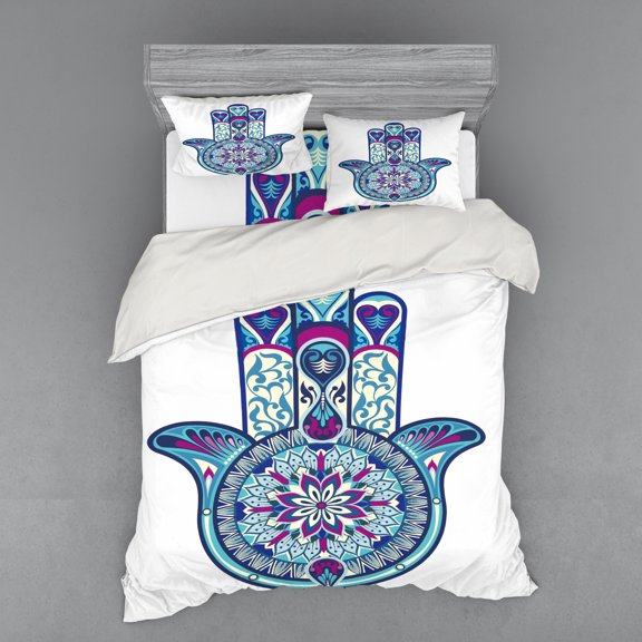 Ambesonne Hamsa Bedding Set 4 Pcs, Culture Art, Queen, Pale Blue Purple