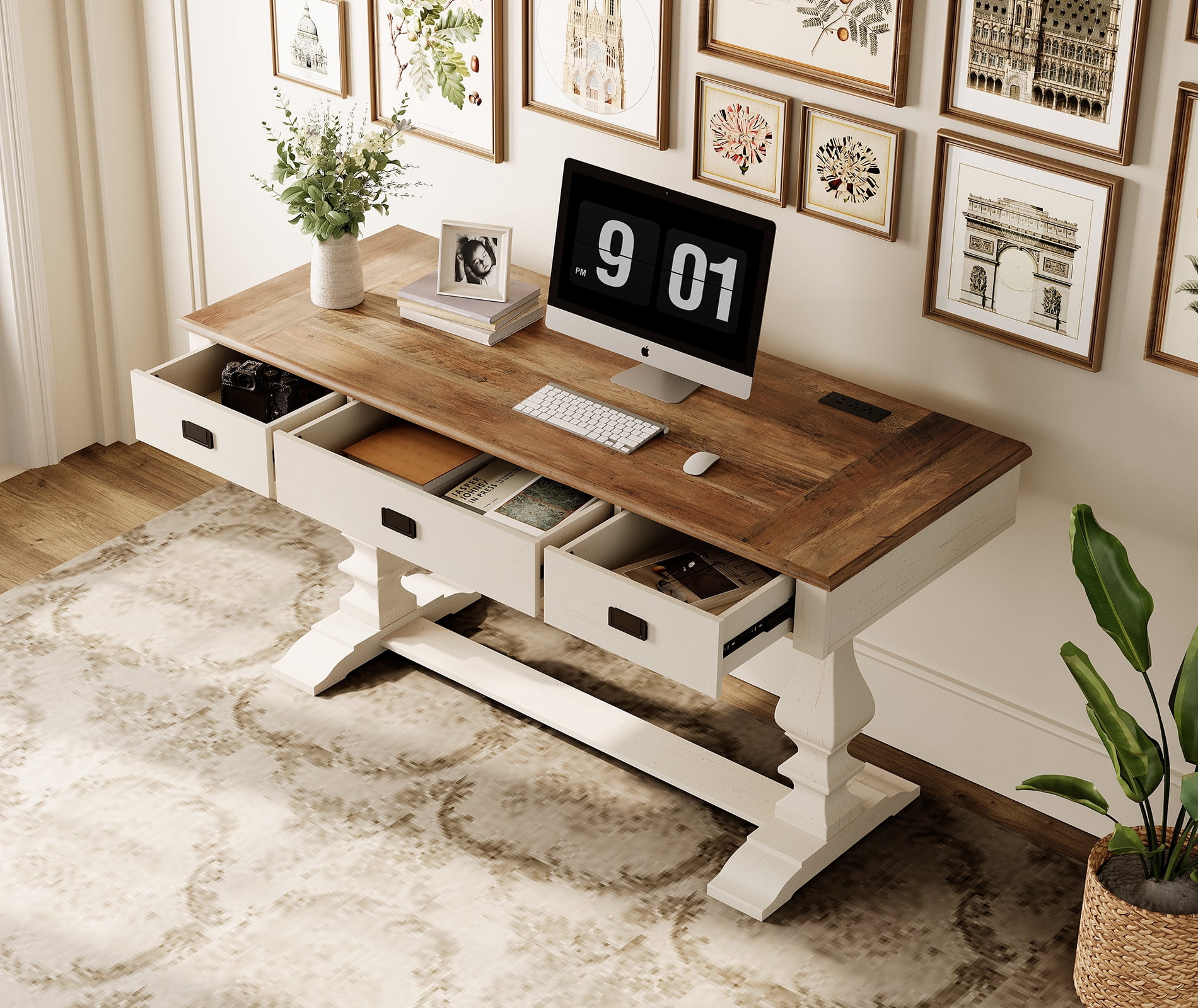 WAMPAT Farmhouse Office Desk with Charging Station - Vintage Rustic Executive Writing Table, Includes 3 Storage Drawers, Sturdy Solid Wood Legs and Ergonomic Rounded Edge for Study,Cream White