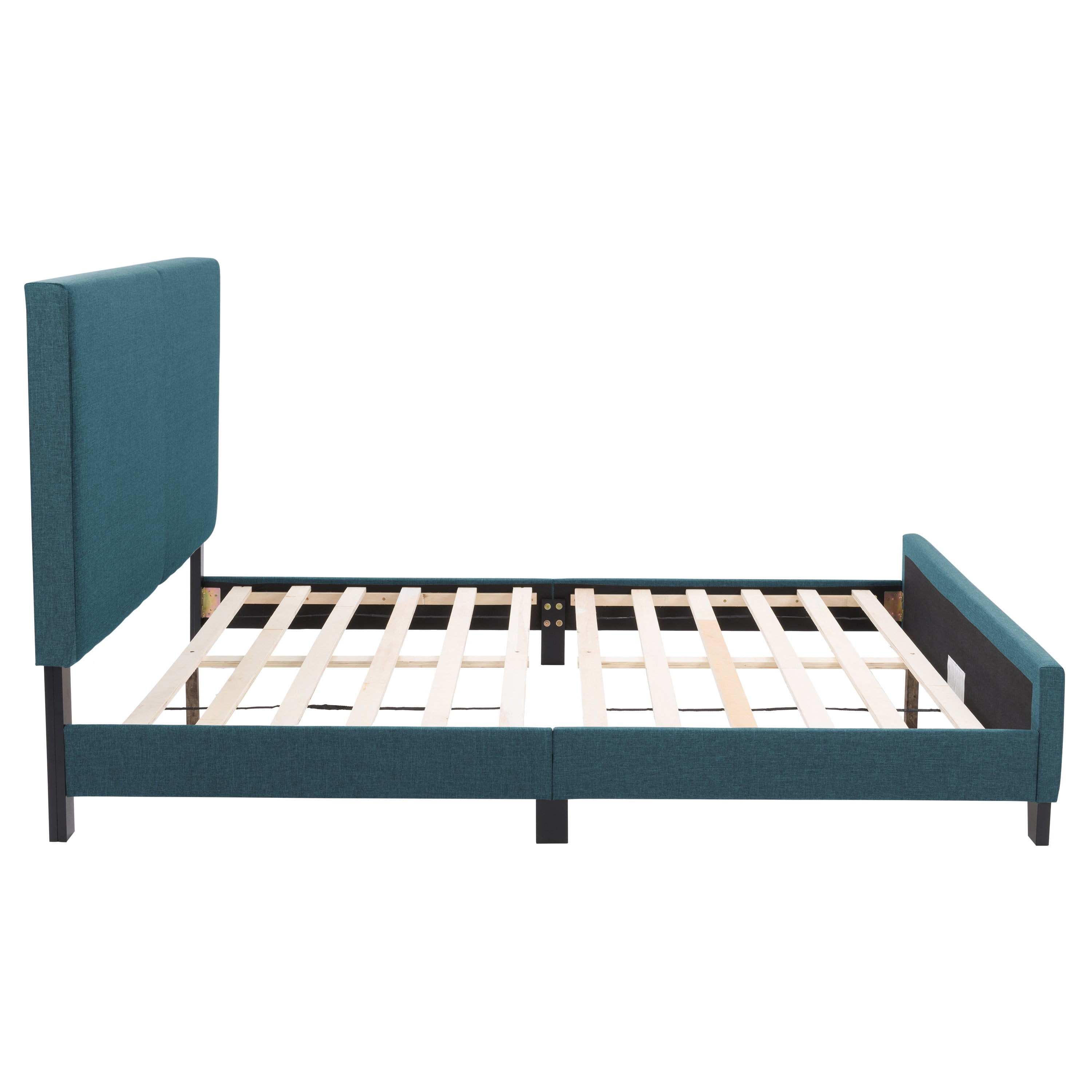 CorLiving Juniper Fabric Upholstered Adult Queen Platform Bed Frame with Padded Headboard and Slats, No Box Spring Required, Blue