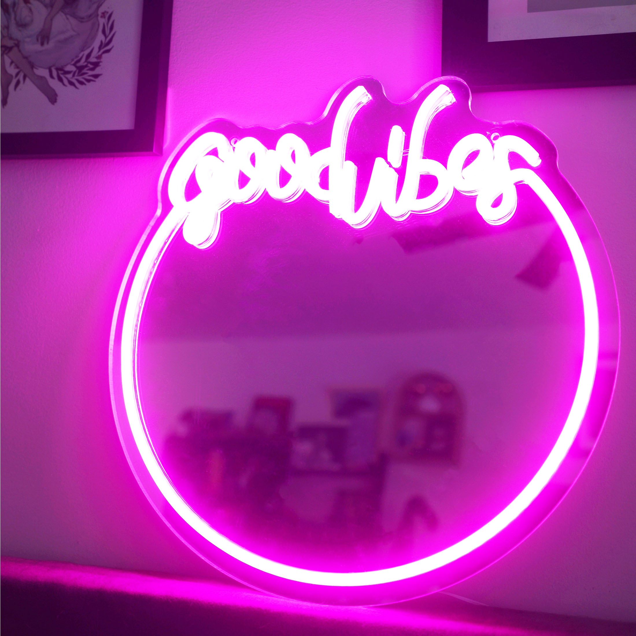 Good Vibes LED Neon Pink Rimmed Wall Mirror – USB Powered, 11.81" x 11.81" – Easy to Hang, Fully Assembled