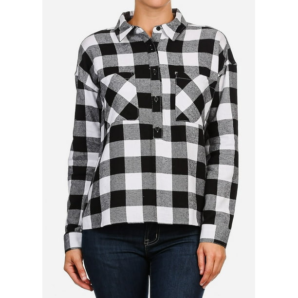 Moda Xpress Womens Juniors Plaid Black And White Shirt Long Sleeve Shirt Half Bottom Up Shirt m Walmart Com Walmart Com