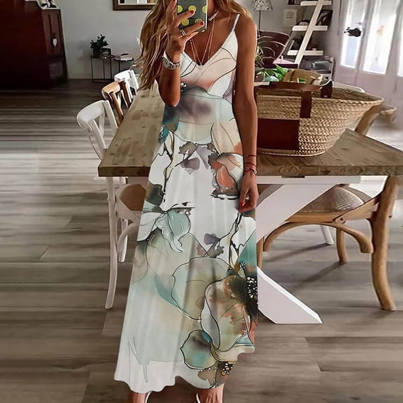 GERsome Summer Dresses for Women Beach Boho Sleeveless Vintage Floral Flowy Spaghetti Strap Tshirt Tank Sundresses