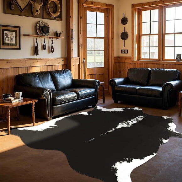 BENRON Tapis en Peau de Vache Premium Noir, Tapis en Fausse Peau de Vache pour Salon Chambre Décor Western de la Maison, Tapis Mignon Antidérapant avec Peaux d'Animaux Irrégulières et Hi