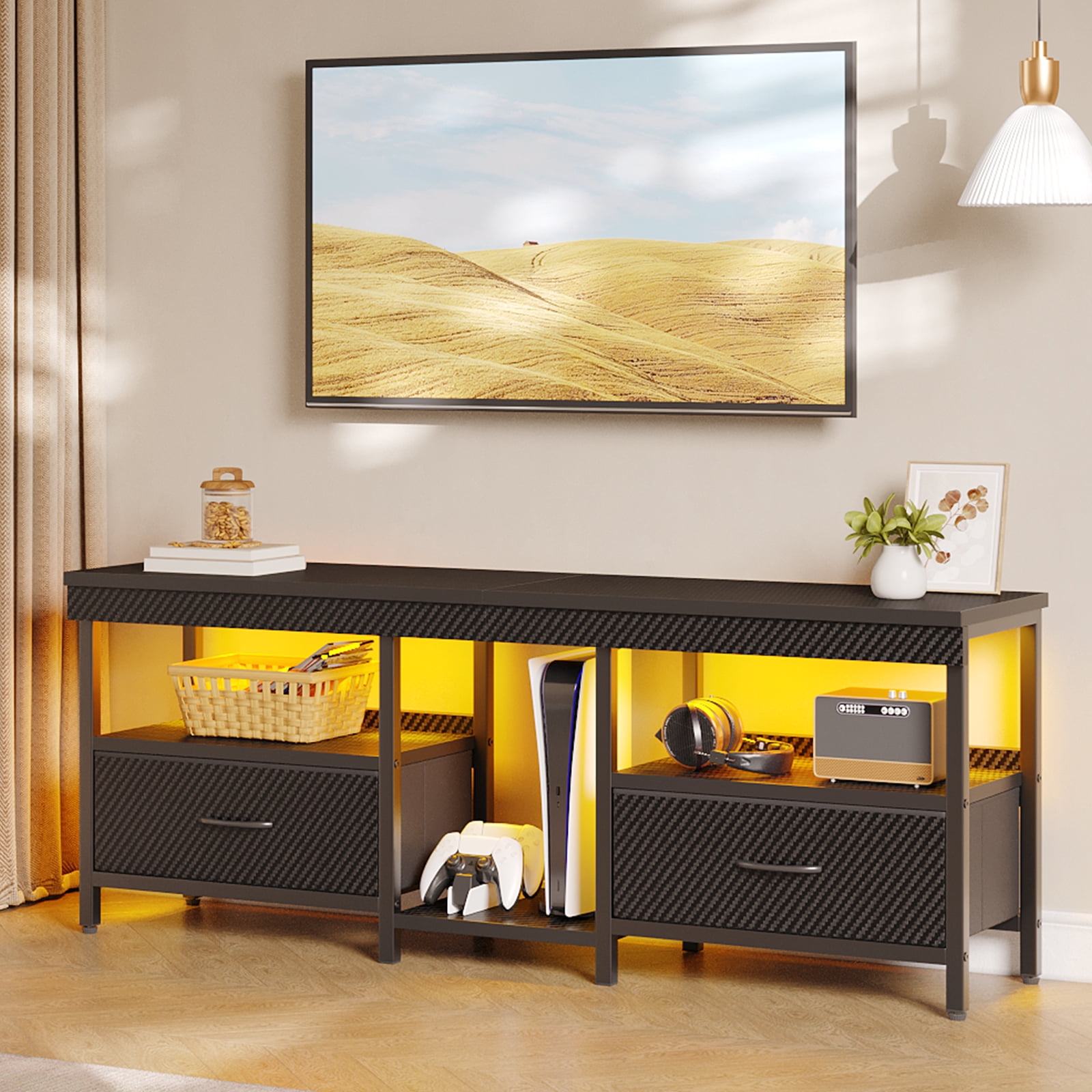 Bestier LED TV Stand Entertainment Center for TVs up for 55 60 65 inch TV Console Table with 2 Storage Drawers,Carbon Fiber Black