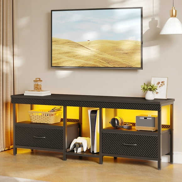 Bestier LED TV Stand Entertainment Center for TVs up for 55 60 65 inch TV Console Table with 2 Storage Drawers,Carbon Fiber Black