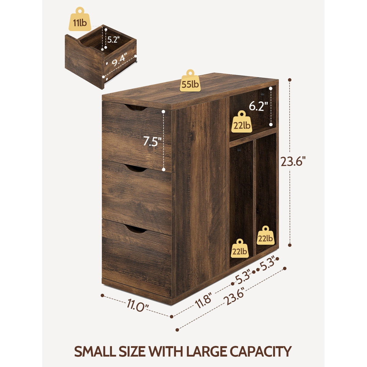 Vividwood Narrow End Table with 3 Drawers and Storage Shelves for Living Room, Bedroom, Brown