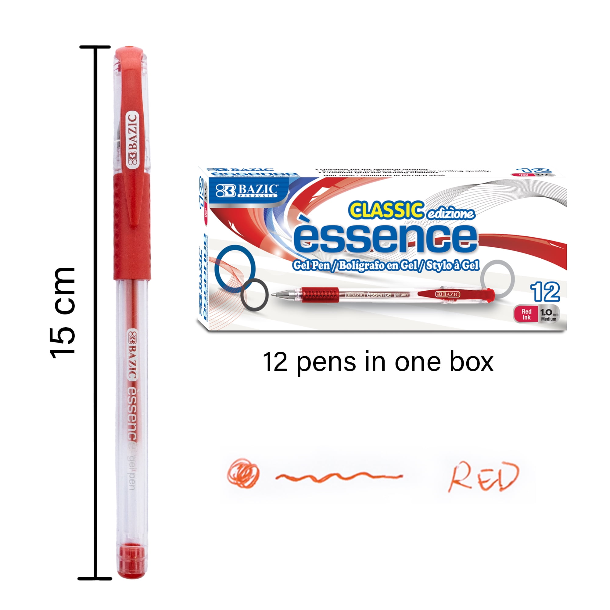BAZIC Essence Gel Pen, Medium Point 1.0mm Red Pen, Comfort Grip, 12 Count, 12-Packs