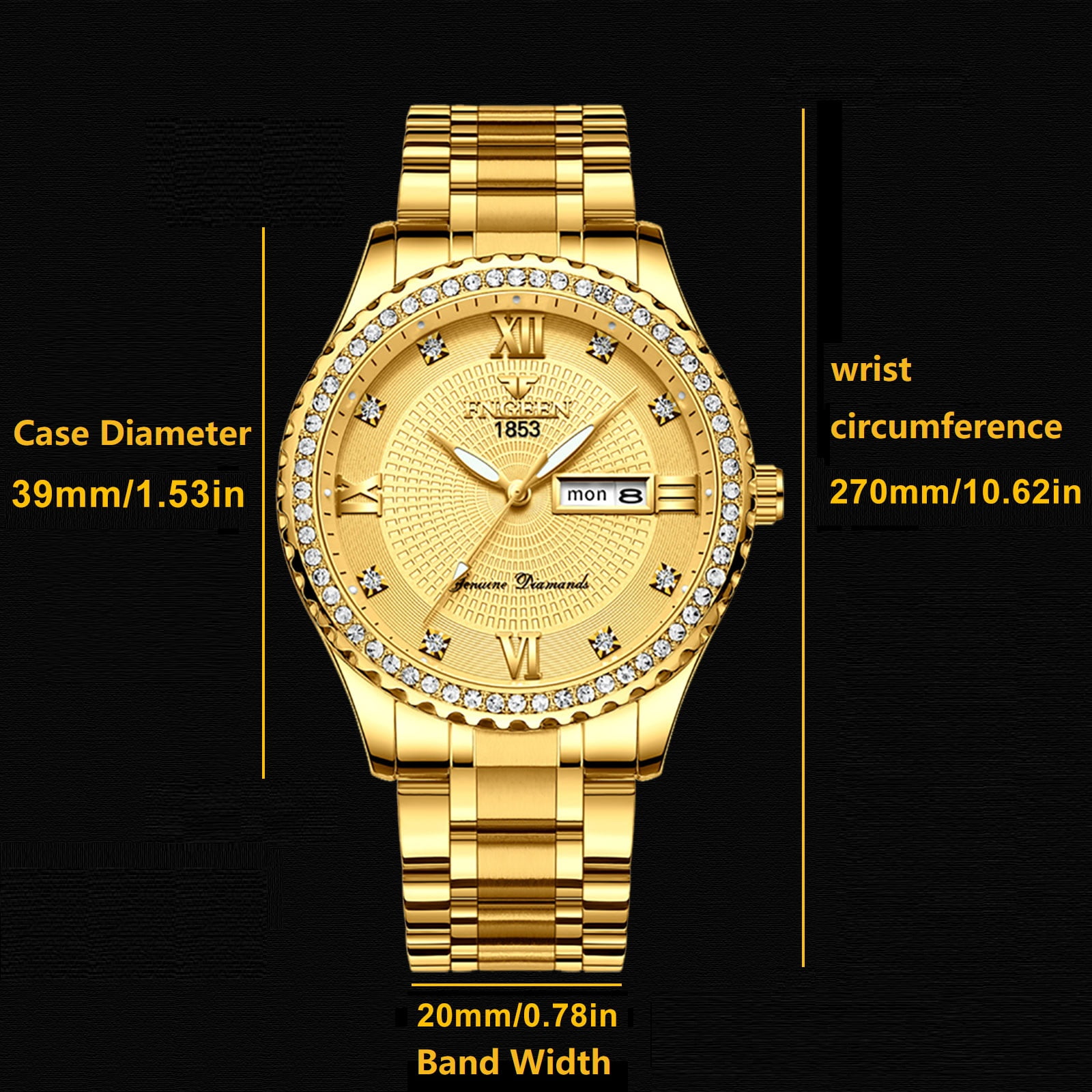 Classic Diamond Gold Watches for Men, Stainless Steel Waterproof Dress Watch, Men's Quartz Analog Wristwatch