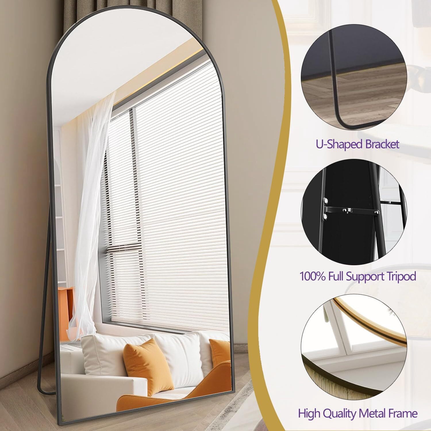 Mirrasia 34.3"x76" Arched Full Length Mirror, Black