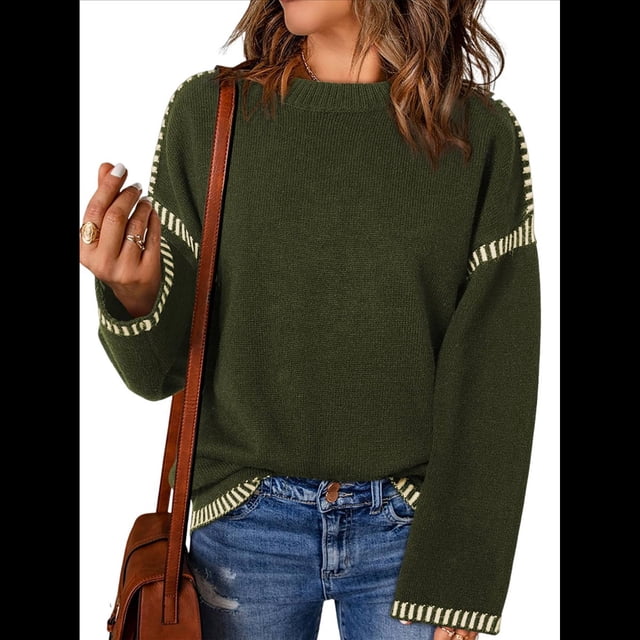 Suéteres para Mujer, Cuello Redondo Liso, Corte Holgado, Larga, Punto en Contraste, Jersey, Tops Verde M