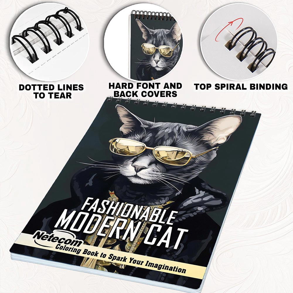 Netecom Fashionable Modern Cat Coloring Book for Adults, Spiral Bound, Soft Cover
