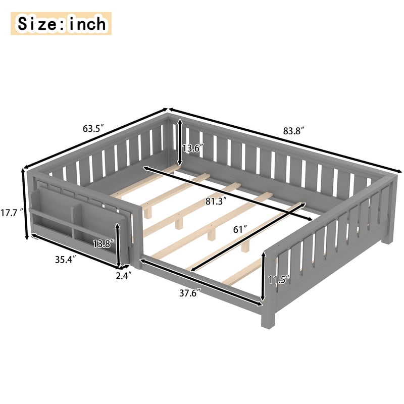 Bellemave Queen Size Floor Bed with Bookshelf, Wood Montessori Beds with Slats and Safety Guardrail, Low Profile Queen Bed Frame with Fence, No Box Spring Needed (Gray)