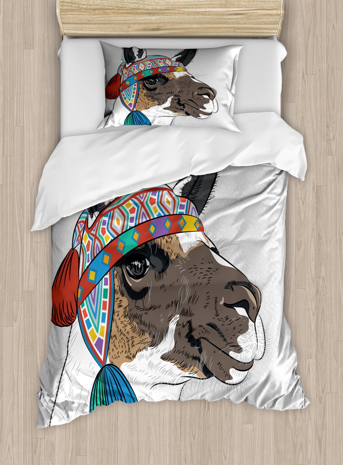 Llama Duvet Cover Set Twin Size, Alpaca with an Ethnic Colorful Hat