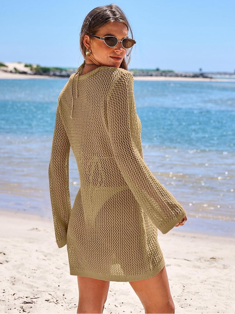 Long Sleeve Swim Cover Women's Crochet Swimsuit Cover Up - Lightweight  Sheer Beach Dress With Long Sleeves, Boat Neck | S-L Size
