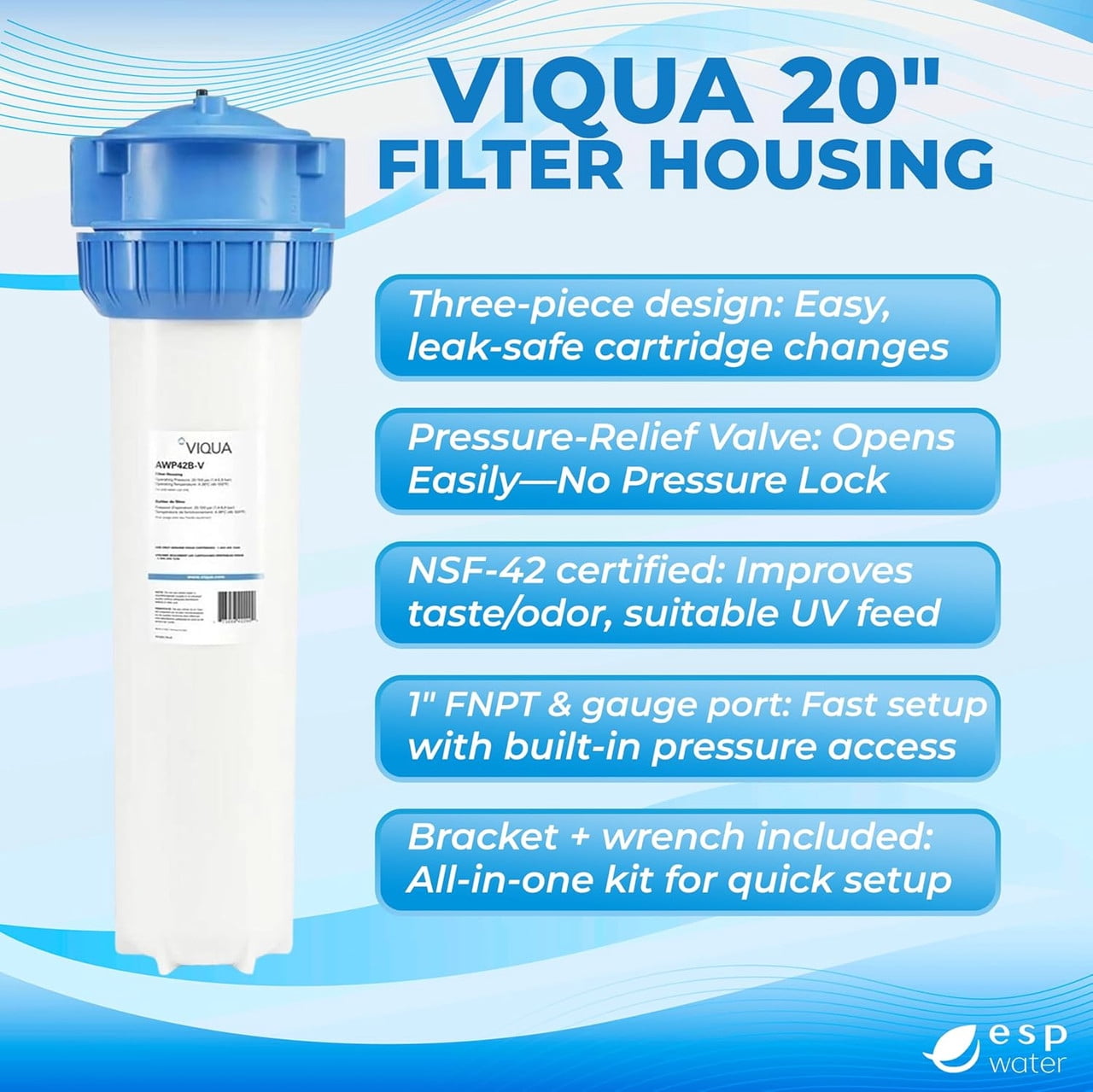VIQUA AWP42B-V NSF 42 Certified Heavy Duty 3-Piece Whole House Filter Housing Kit for 4.5 x 20 Inch Cartridges