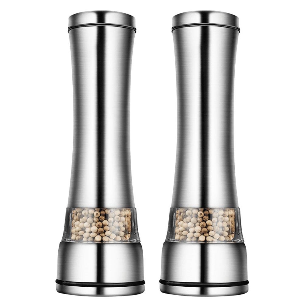 Levav Premium Salt and Pepper Grinder Set of 2 - Brushed Stainless Steel  Pepper Mill and Salt Mill, Glass Body, SIze Grade adjustable ceramic rotor- salt and pepper shakers (tall)
