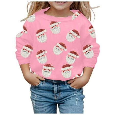 SonxaHe Big Girls Sweatshirt Christmas Santa Print Long Sleeved Top Kids Xmas Holiday Party Loose Fall Winter Sweatshirts Pink Sized 8-9