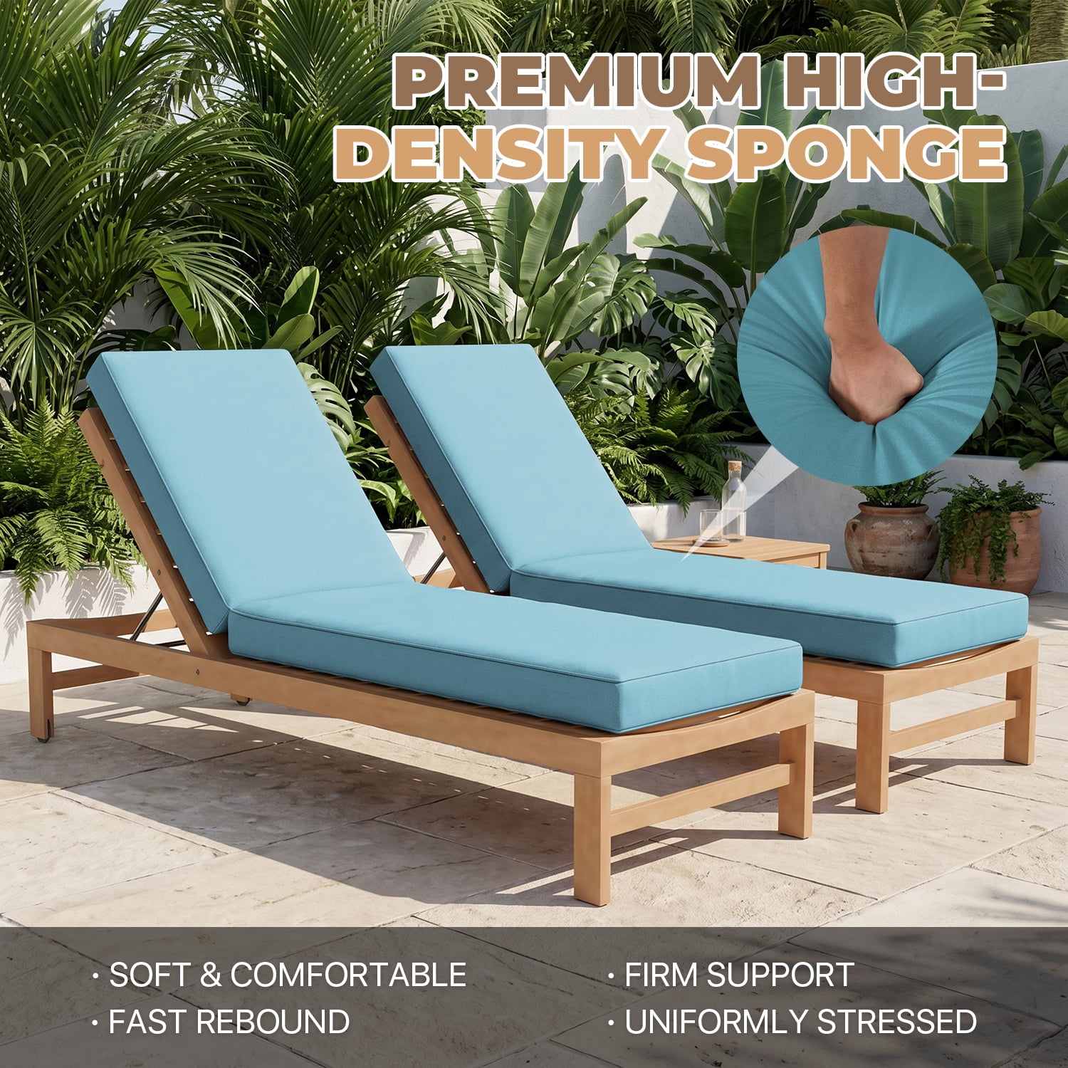 BaPiPro Sky Blue 2 Pack All-Weather Waterproof Outdoor Chaise Lounge Cushions, High-Density Foam Patio Pads with Detachable Zipper Covers & Non-Slip Ties for Pool Garden Backyard