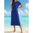 thumbnail image 3 of Women Summer Crewneck Casual Loose Split Wrinkle-Free Long Maxi Beach Dress Blue M, 3 of 5