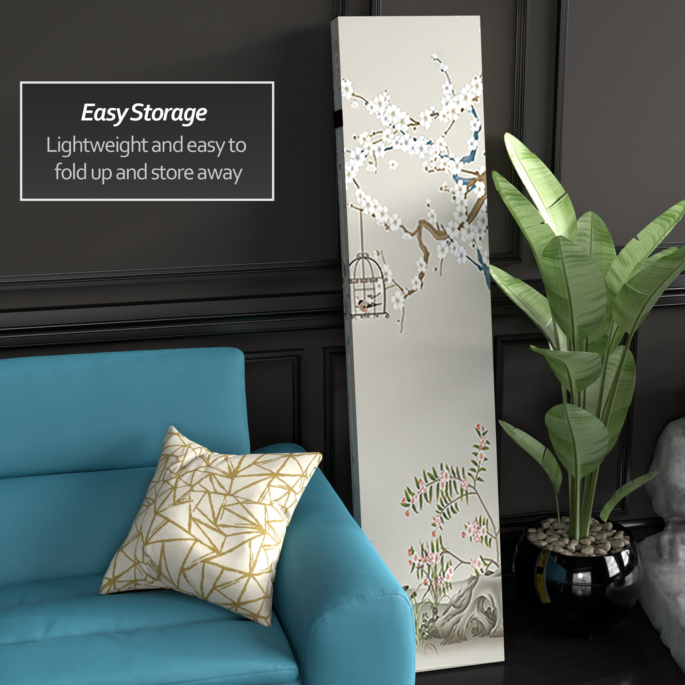 Oriental Furniture 6 Feet Tall Double Sided Birds and Plum Blossoms Canvas Room Divider