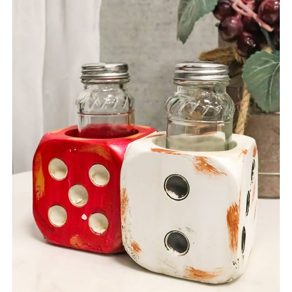 Casino Gambler Red And White Distressed Double Dice Salt Pepper Shakers Holder