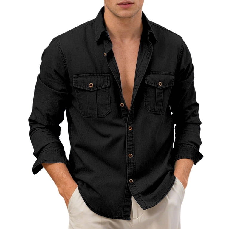 TrendOFT Button Down Shirts For Men European Cut Cotton Linen Blend Loose Open Front Collared Casual Top Natural Breath For All Season Outdoor Resort Street Styling Mens Beach Tees Black
