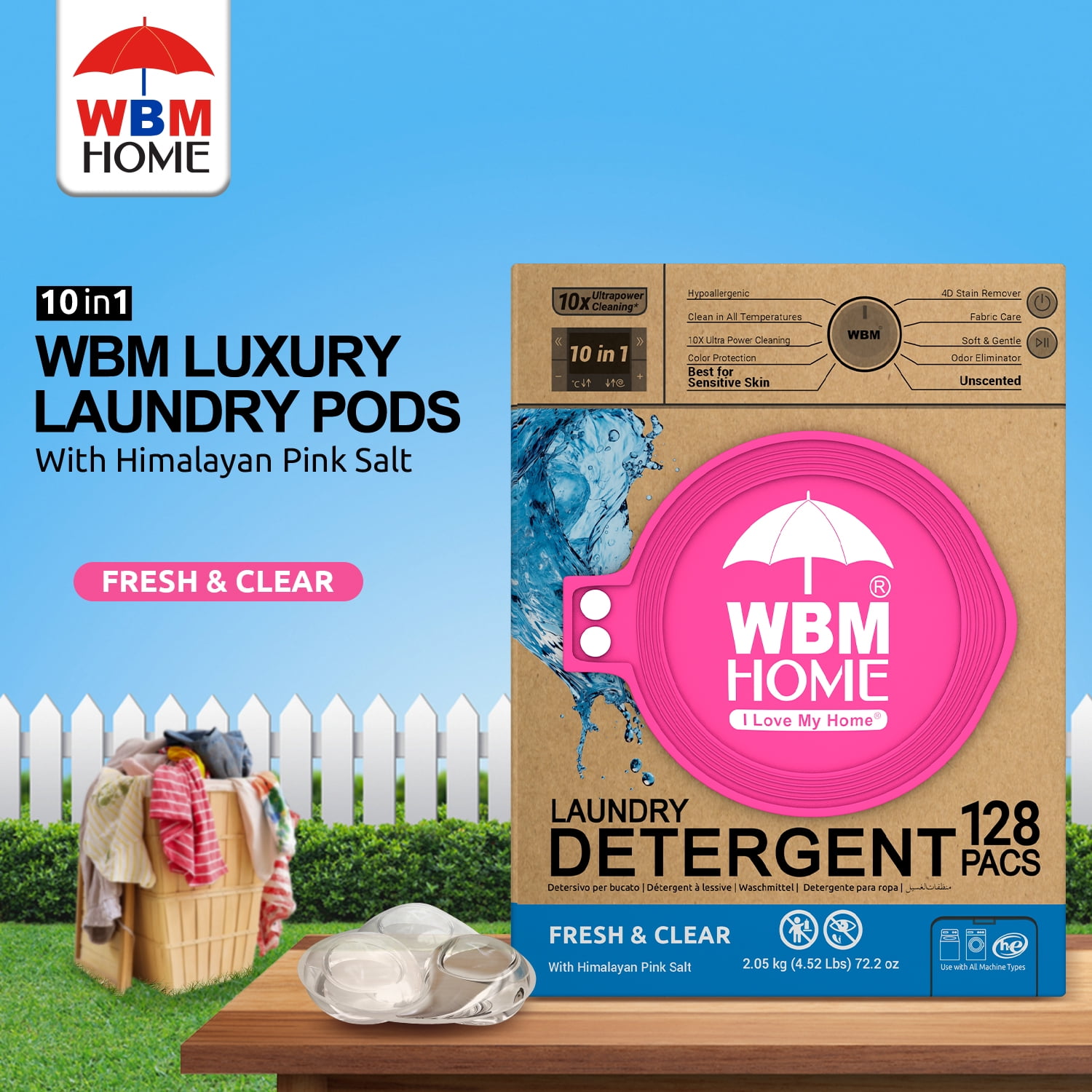 WBM Home Laundry Detergent Pods Fresh & Clear Unscented, 128 Count, 10x Cleaning Power, Color Protection