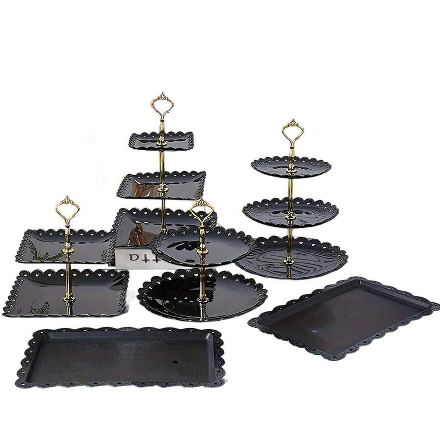HRWGMUKVBG Black 6 Pcs Cake Stand Plastic Dessert Table Display Set Three-Tier Shelf Two-Tier Shelf And Dessert Tray Set. Suitable For Birthdays Parties Tea Parties.