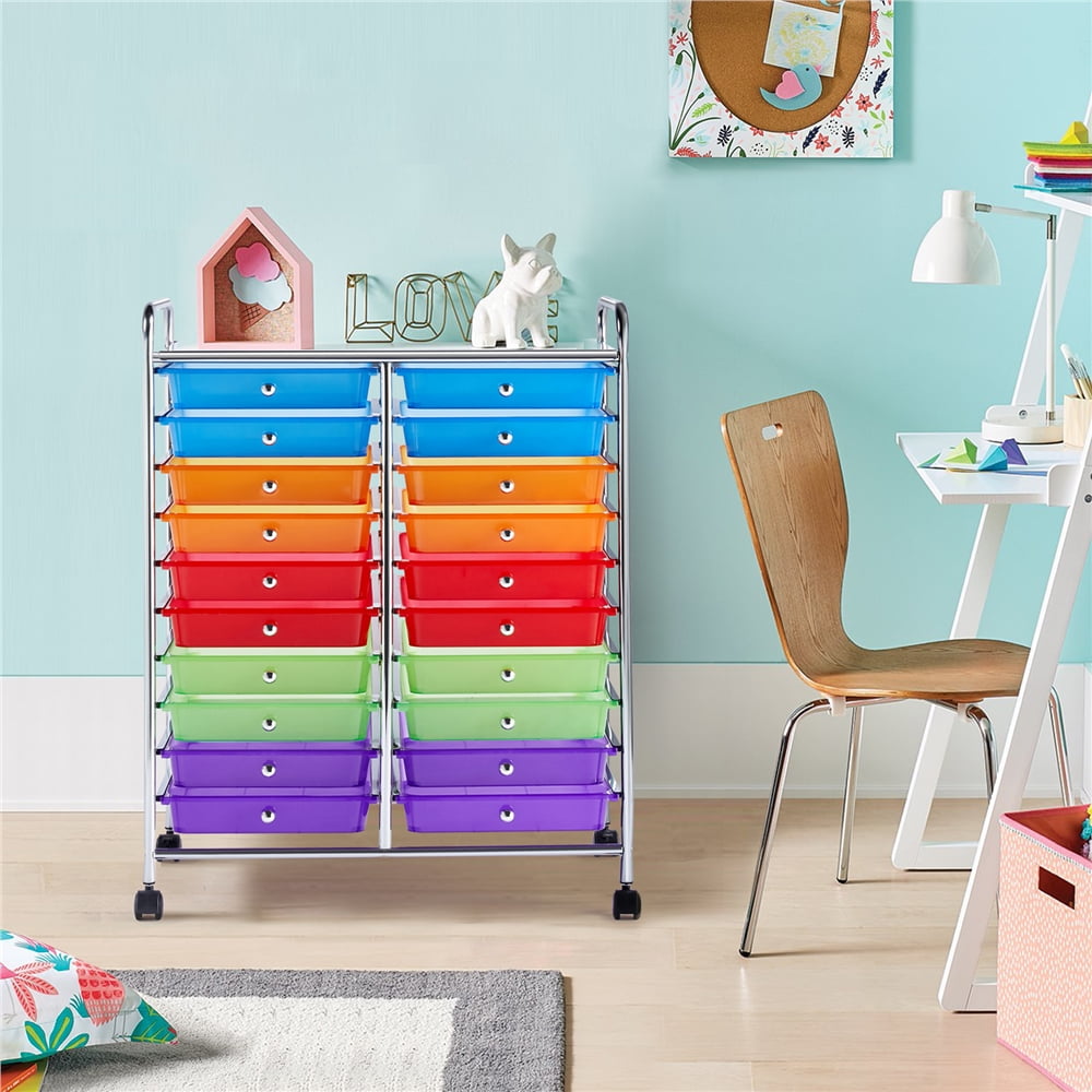 Alden Design 20-Drawer Metal Frame Storage Cart Rolling Bin with Lockable Wheels, Multicolor