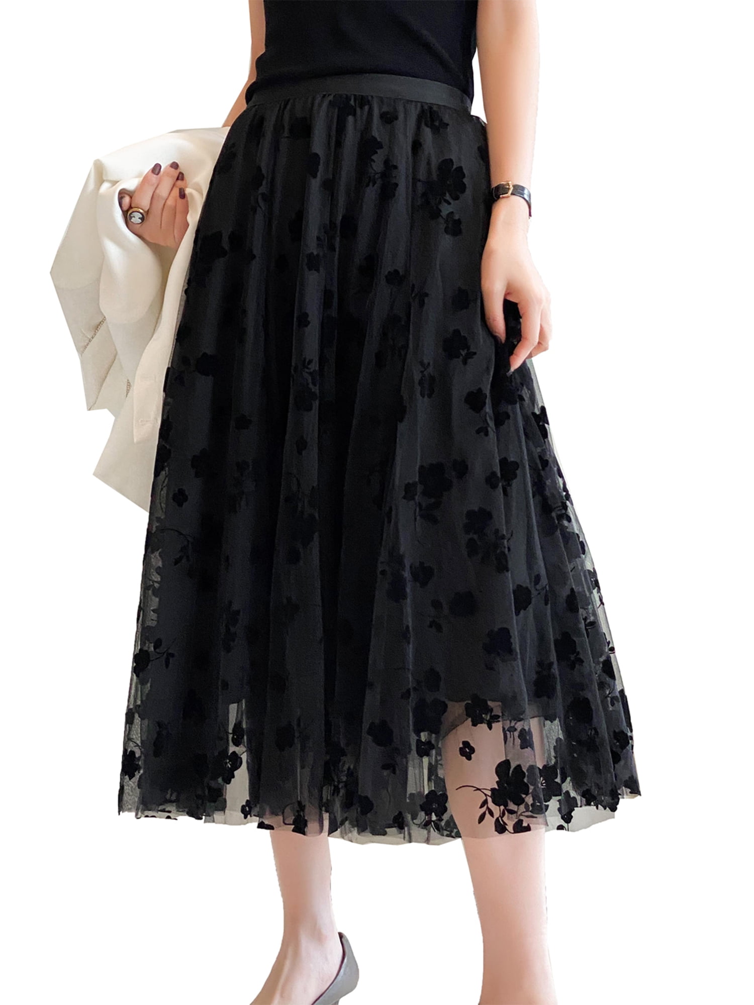 Womens Lace Floral High Waist Dress A-line Midi Skirt Vintage Party Underskirt 