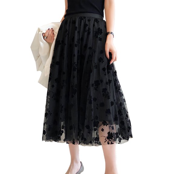 Caitzr Women Tutu Tulle Skirt Elastic High Waist Layered Skirt Floral Print Mesh A-Line Midi Skirt
