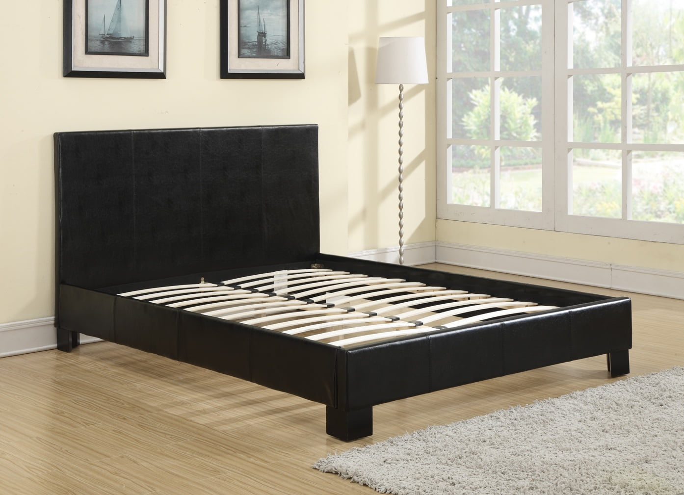 Full Size Leather Bed Frame Wood Slats w/Headboard Platform Bedroom Furniture